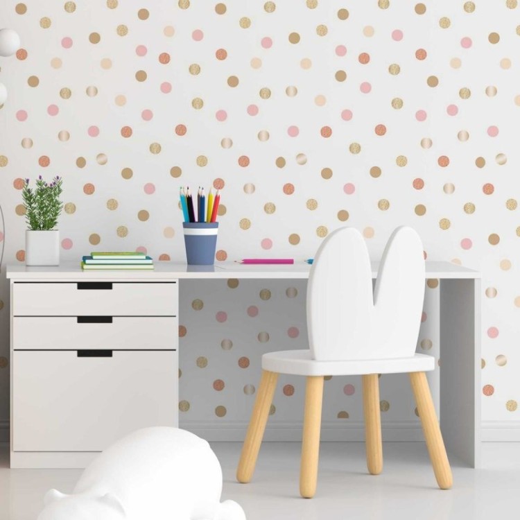 Papel de Parede Adesivo Poá Glitter Dourado e...