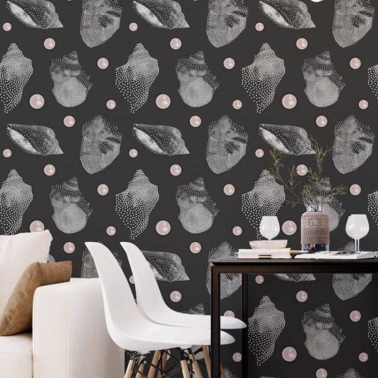 Papel de Parede Adesivo Pontilhado Conchas Dark...