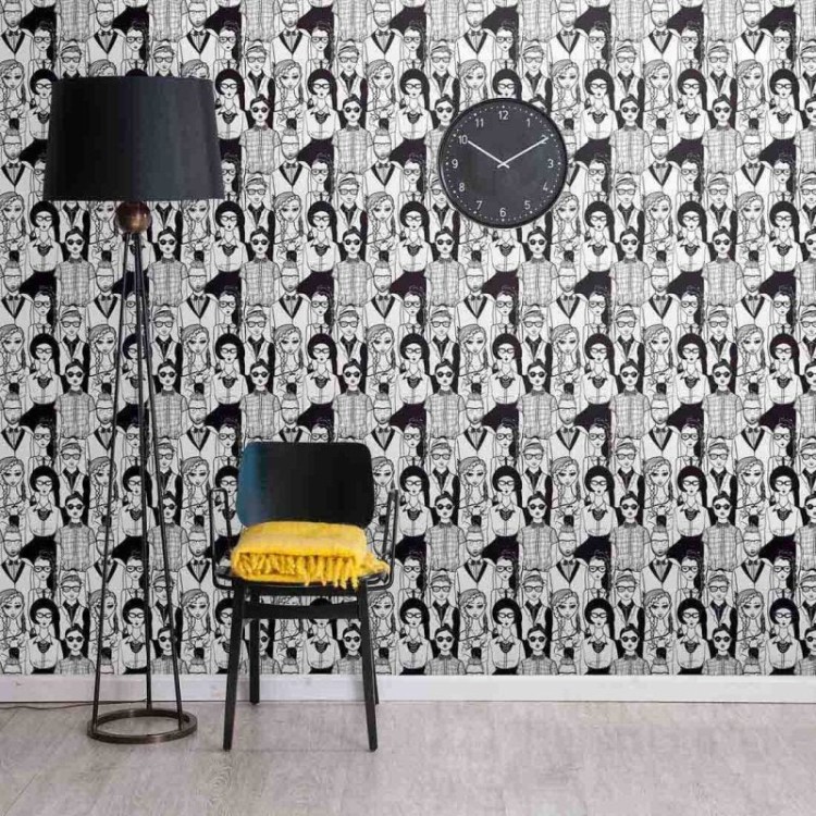 Papel de Parede Adesivo Preto Branco Pessoas...
