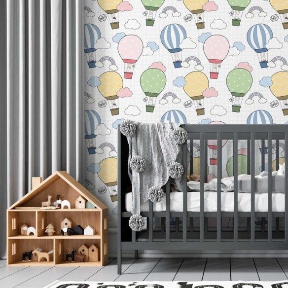 Papel de Parede Adesivo Quadriculado Balões e Coelhos N05107