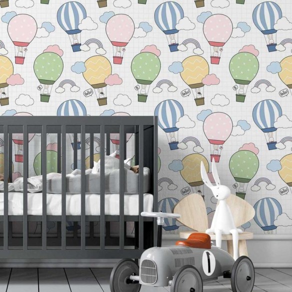 Papel de Parede Adesivo Quadriculado Balões e Coelhos N05107