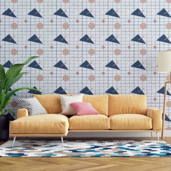 Papel de Parede Adesivo Quadriculado Geométrico Azul e Laranja N07097