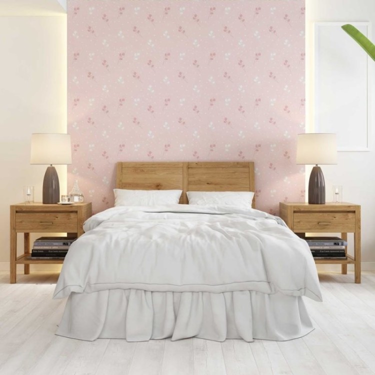 Papel de Parede Adesivo Ramos com Poá Rosa e...