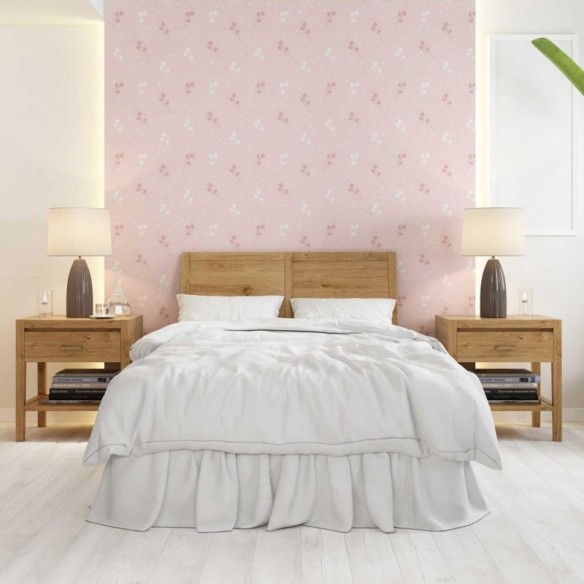 Papel de Parede Adesivo Ramos com Poá Rosa e Branco N08073