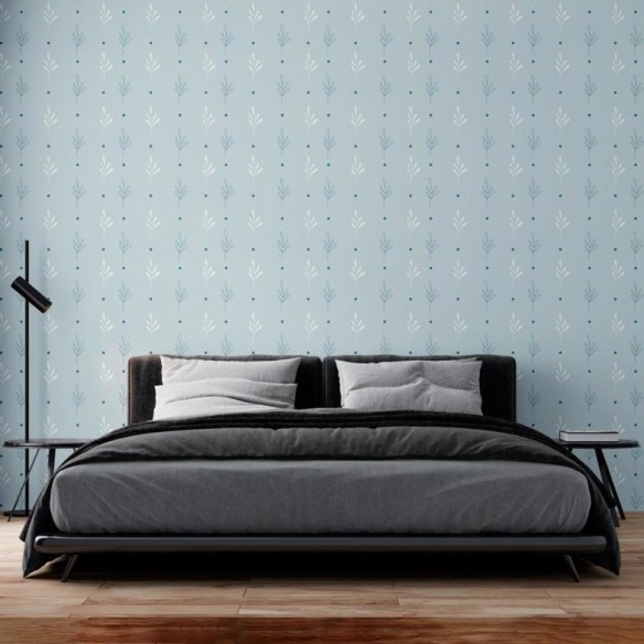 Papel de Parede Adesivo Ramos Minimalista c/ Poá Azul N08071