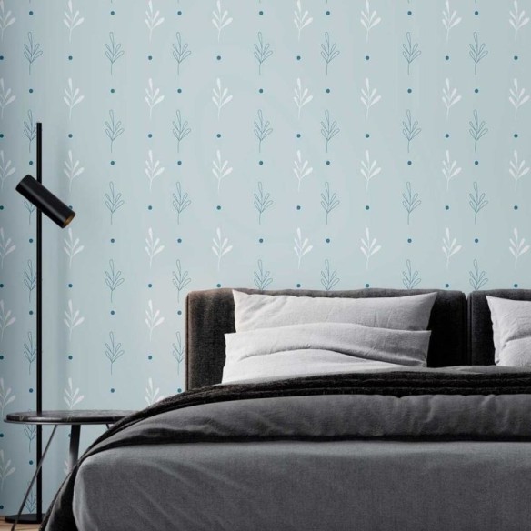 Papel de Parede Adesivo Ramos Minimalista c/ Poá Azul N08071