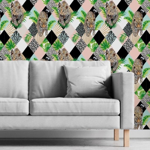Papel de Parede Adesivo Retalhos Tropicais com Onças N06081