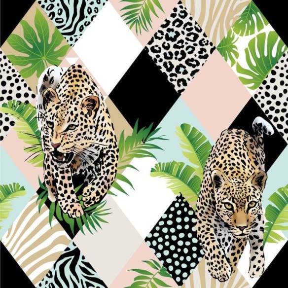 Papel de Parede Adesivo Retalhos Tropicais com Onças N06081