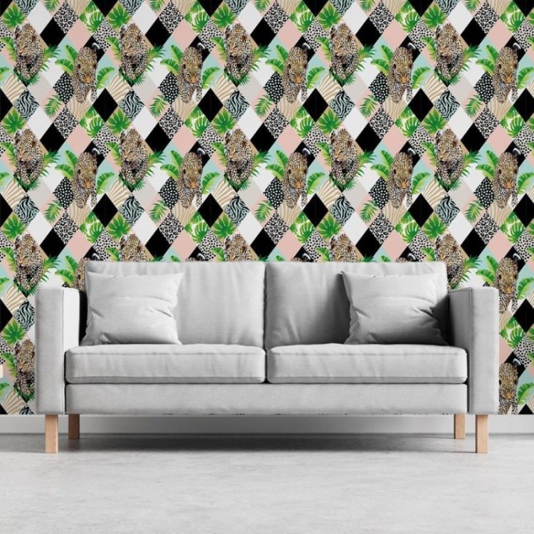 Papel de Parede Adesivo Retalhos Tropicais com...