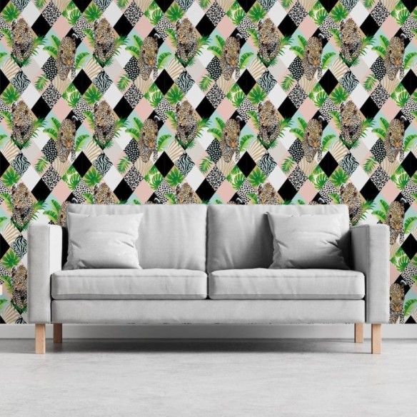 Papel de Parede Adesivo Retalhos Tropicais com Onças N06081