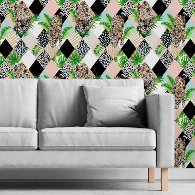 Papel de Parede Adesivo Retalhos Tropicais com...