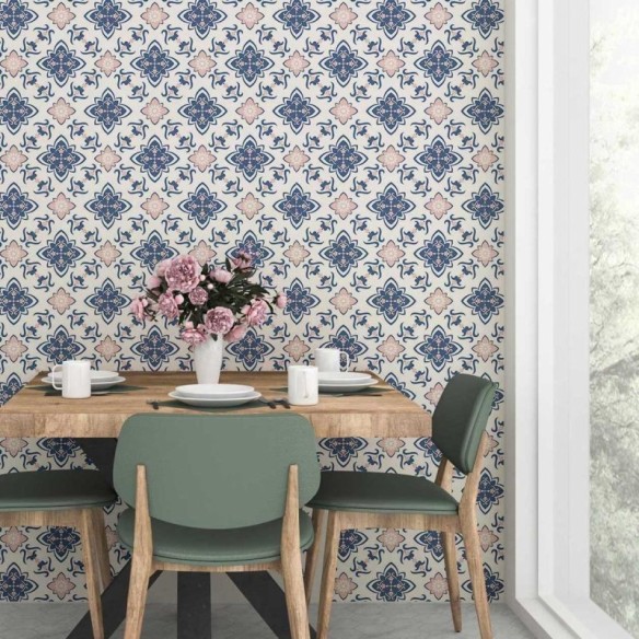 Papel de Parede Adesivo Retrô Estilo Azulejo Português Azul e Rosa N07080
