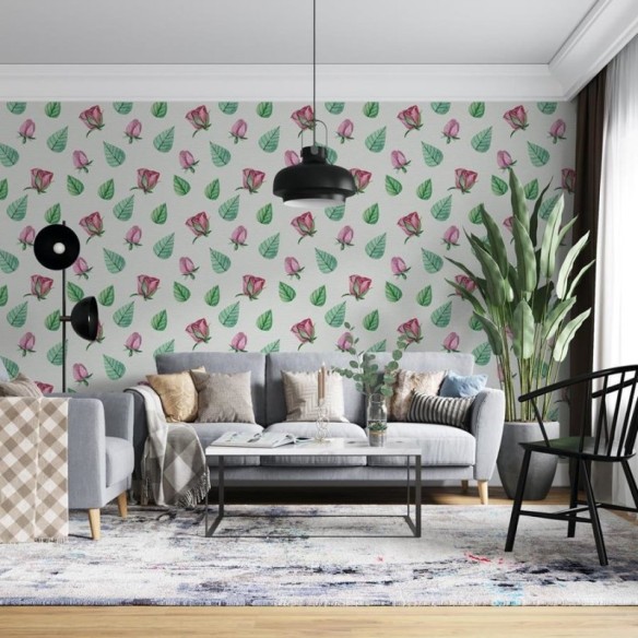 Papel de Parede Adesivo Rosa Folhas em Aquarela N06014