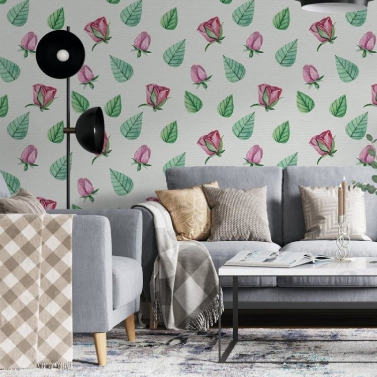 Papel de Parede Adesivo Rosa Folhas em Aquarela...