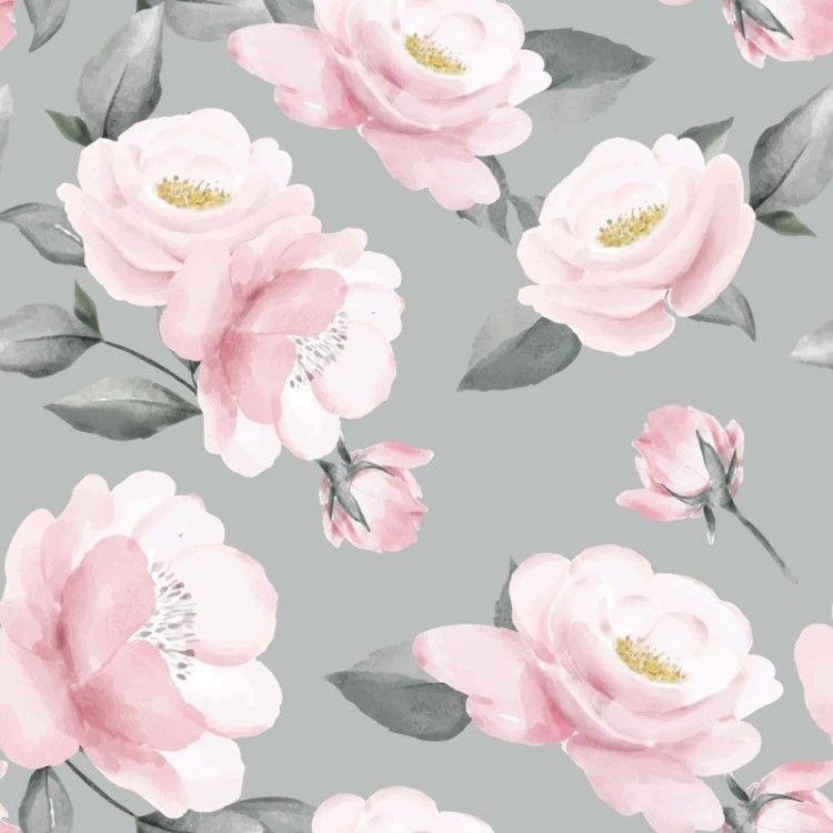 Papel de Parede Adesivo Rosas e Folhas Cinza...