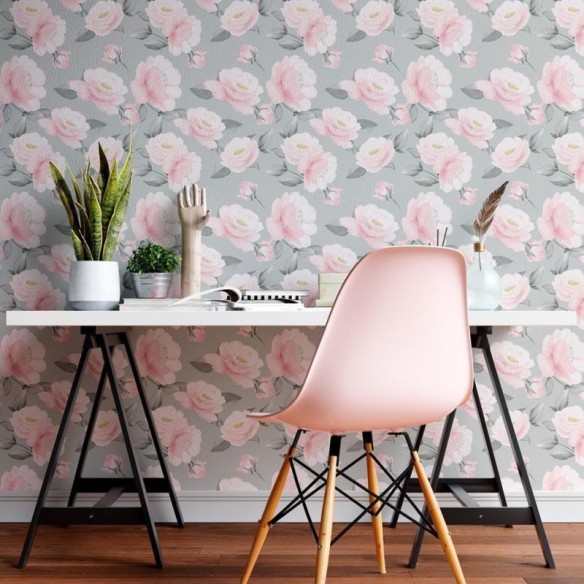 Papel de Parede Adesivo Rosas e Folhas Cinza N08063