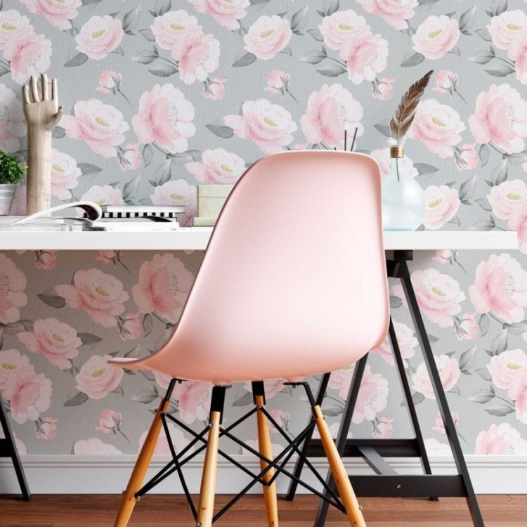 Papel de Parede Adesivo Rosas e Folhas Cinza...