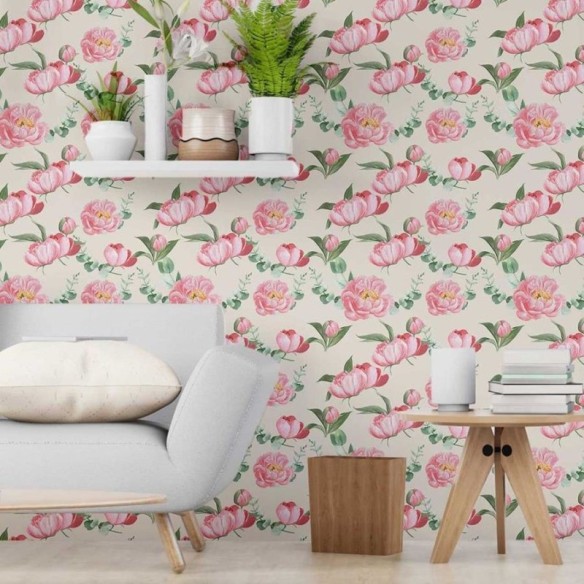 Papel de Parede Adesivo Rosas em Fundo Bege N06055
