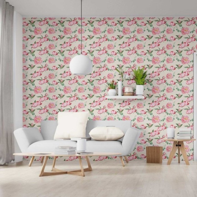 Papel de Parede Adesivo Rosas em Fundo Bege N06055