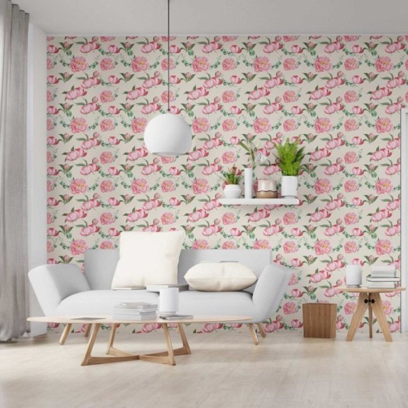 Papel de Parede Adesivo Rosas em Fundo Bege N06055