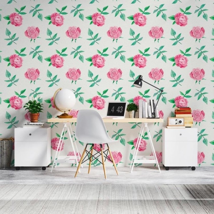 Papel de Parede Adesivo Rosas em Fundo Branco...