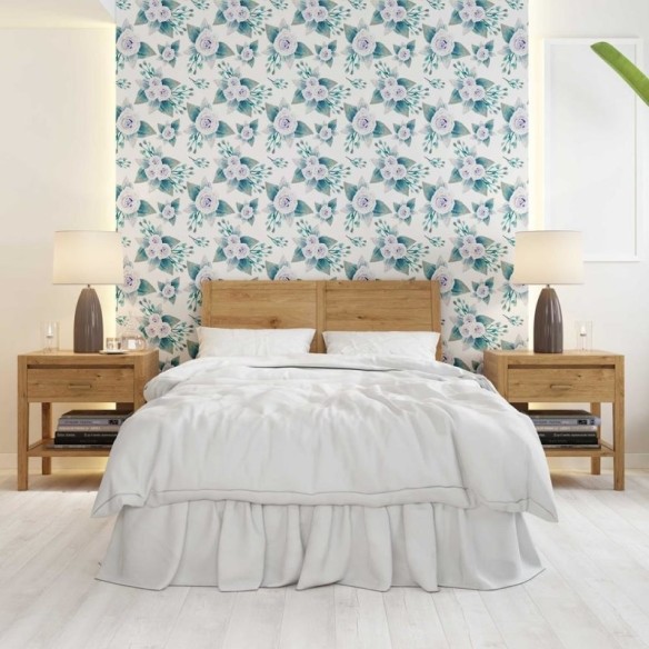 Papel de Parede Adesivo Rosas lilás em Fundo Branco N08001