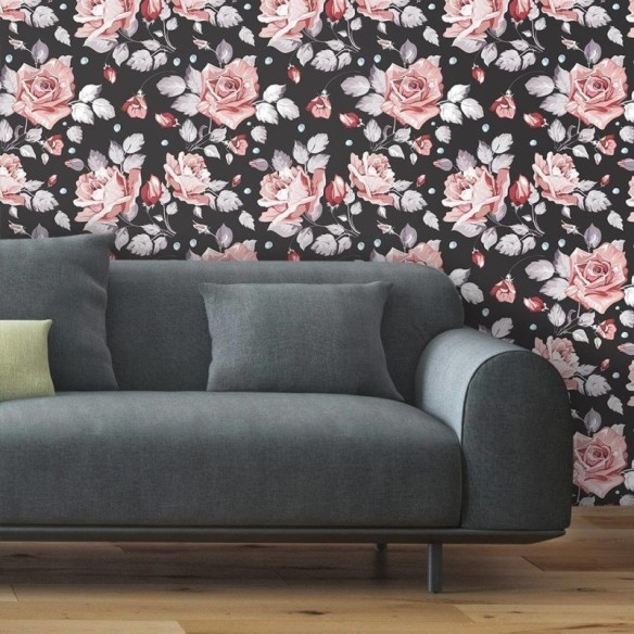Papel de Parede Adesivo Rosas Preto 693