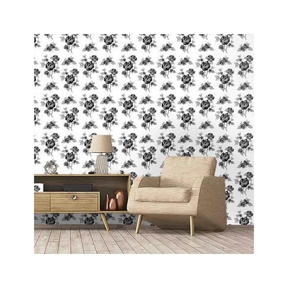 Papel de Parede Adesivo Rosas Preto e Branco 55306