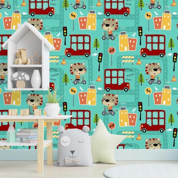 Papel de Parede Adesivo Tigre na Cidade Infantil N05028