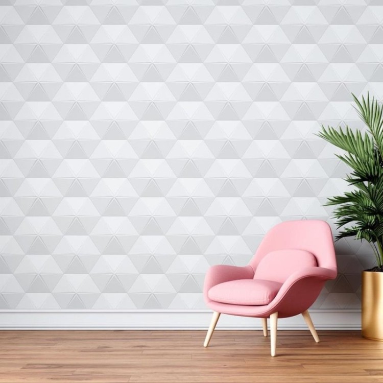Papel de Parede Adesivo Triângulos 3D Branco e...