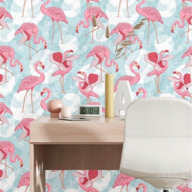 Papel de Parede Adesivo Tropical Aves Flamingo...