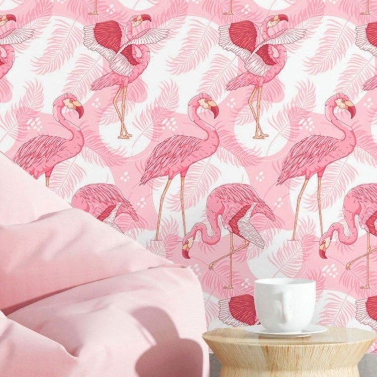Papel de Parede Adesivo Tropical Aves Flamingo...