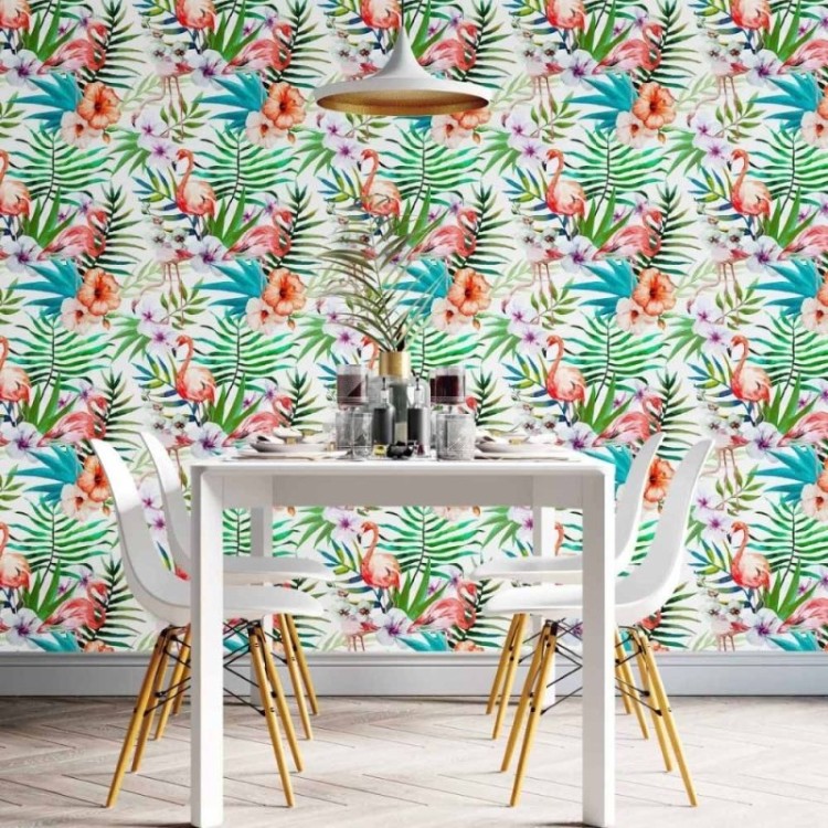 Papel de Parede Adesivo tropical flamingos...