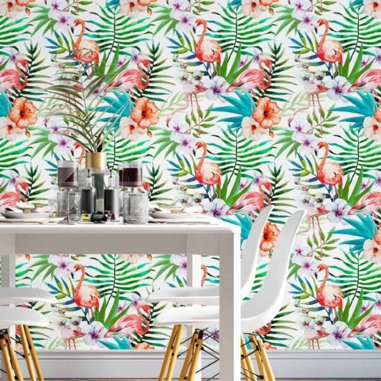 Papel de Parede Adesivo tropical flamingos...
