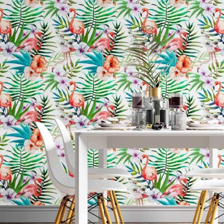 Papel de Parede Adesivo tropical flamingos...