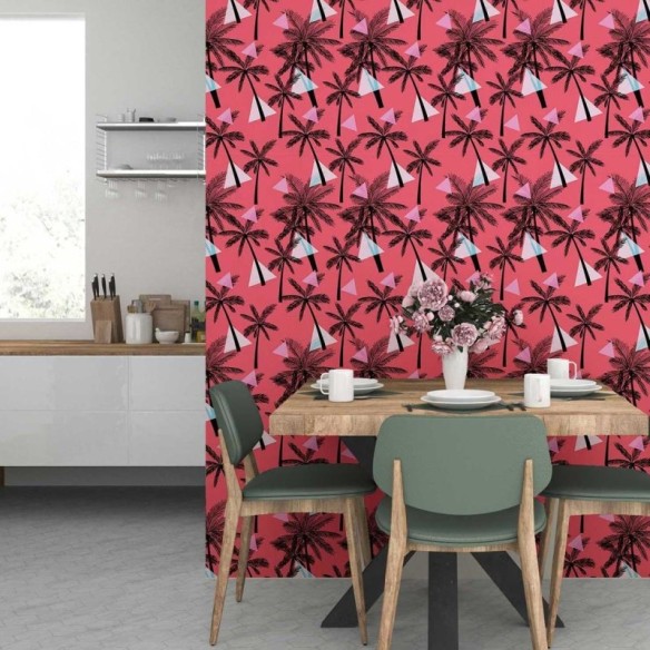 Papel de Parede Adesivo Tropical Palmeiras Vermelho N07045