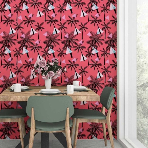 Papel de Parede Adesivo Tropical Palmeiras Vermelho N07045