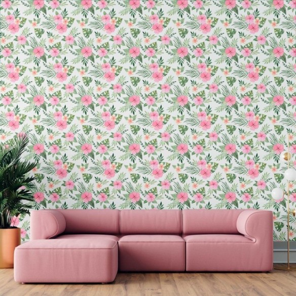 Papel de Parede Adesivo Tropical Papoulas e Folhas N09011
