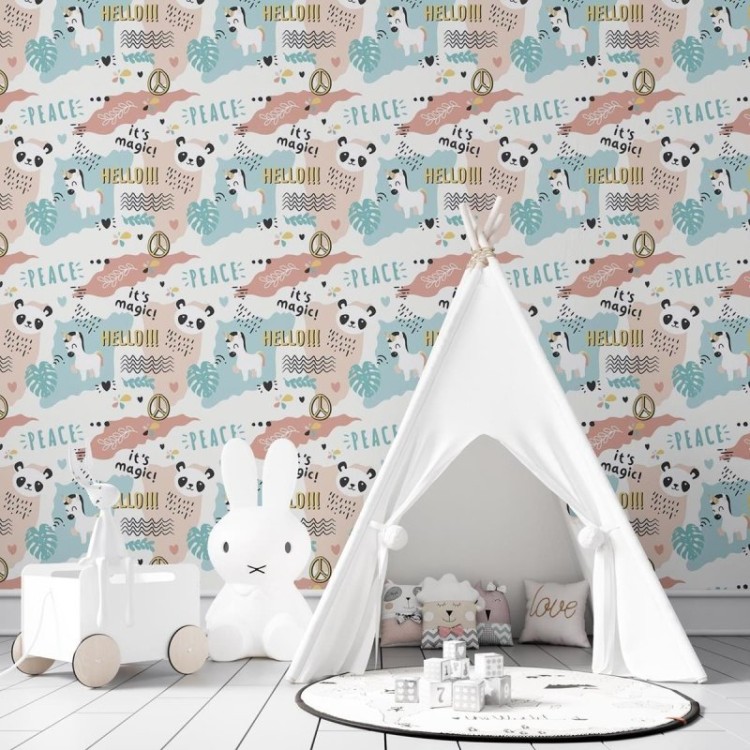 Papel de Parede Adesivo Unicórnio e Panda Baby...