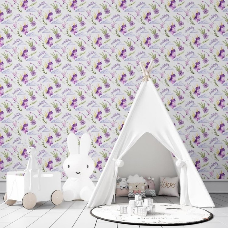 Papel de Parede Adesivo Unicórnio Lilás N03040