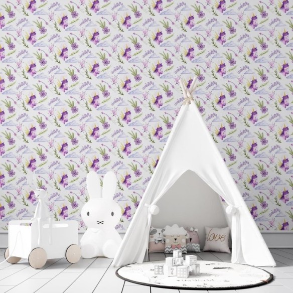Papel de Parede Adesivo Unicórnio Lilás N03040