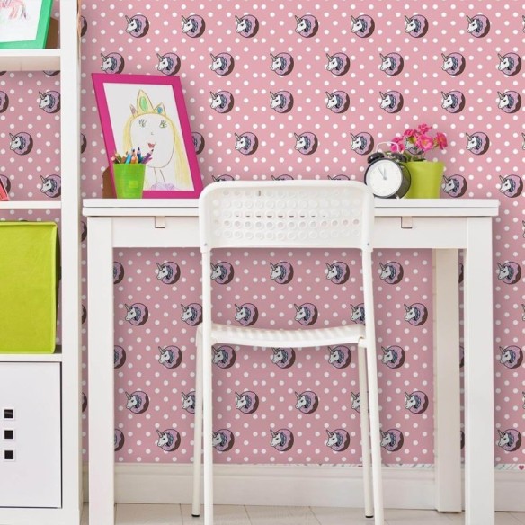 Papel de Parede Adesivo Unicórnio Poá Rosa Donut 524231