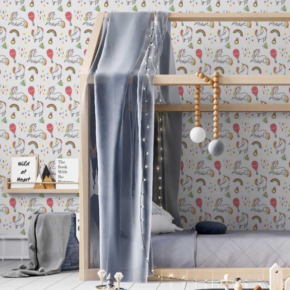 Papel de Parede Adesivo Unicórnios Balões e Corações N05109
