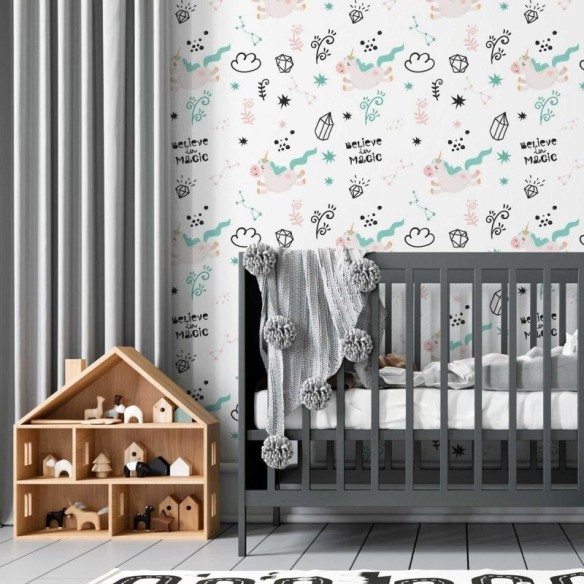 Papel de Parede Adesivo Unicórnios Estrelas N05050