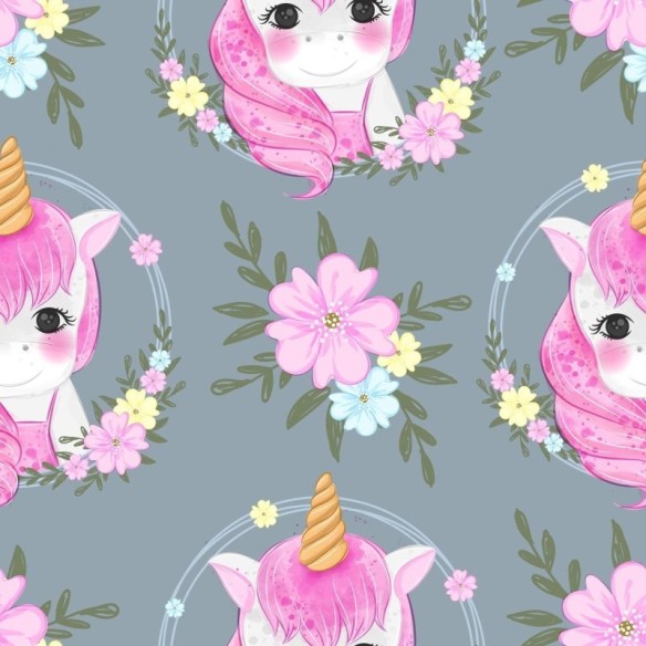 Papel de Parede Adesivo Unicórnios Rosa e Flores Coloridas N07037