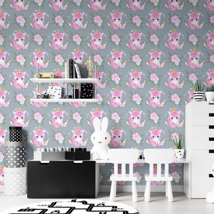 Papel de Parede Adesivo Unicórnios Rosa e...