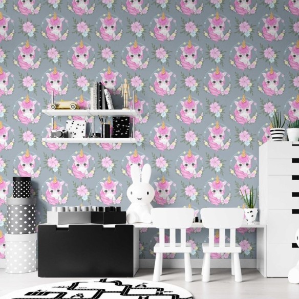 Papel de Parede Adesivo Unicórnios Rosa e Flores Coloridas N07037