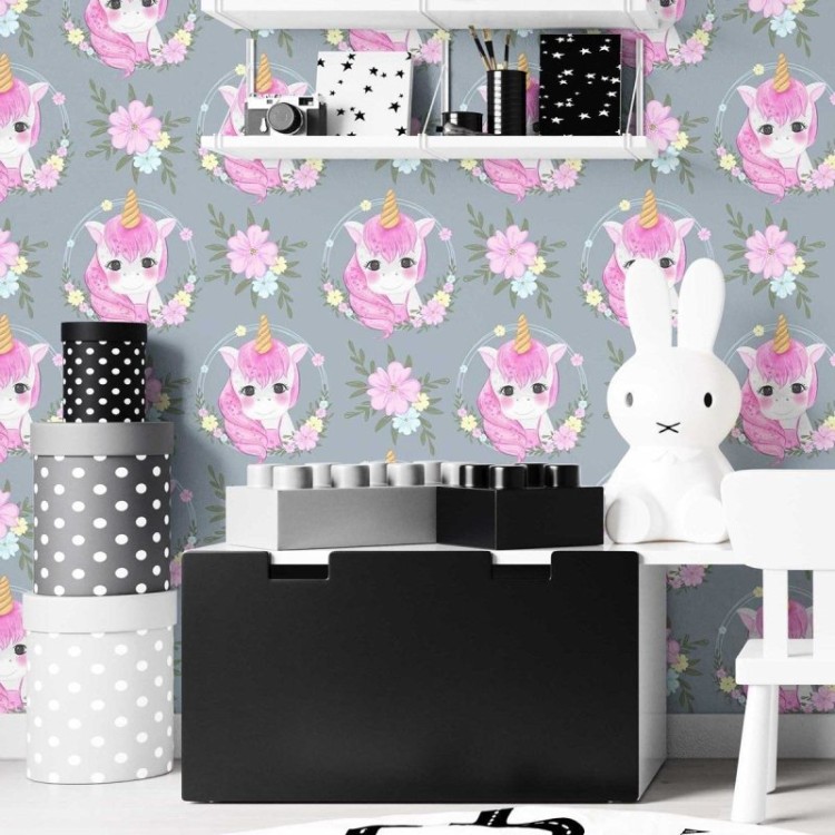 Papel de Parede Adesivo Unicórnios Rosa e...