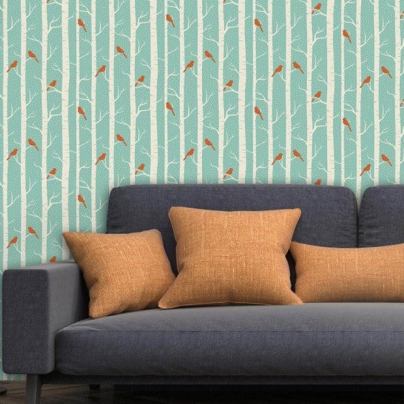 Papel de Parede Adesivo Verde Pássaros  104887061