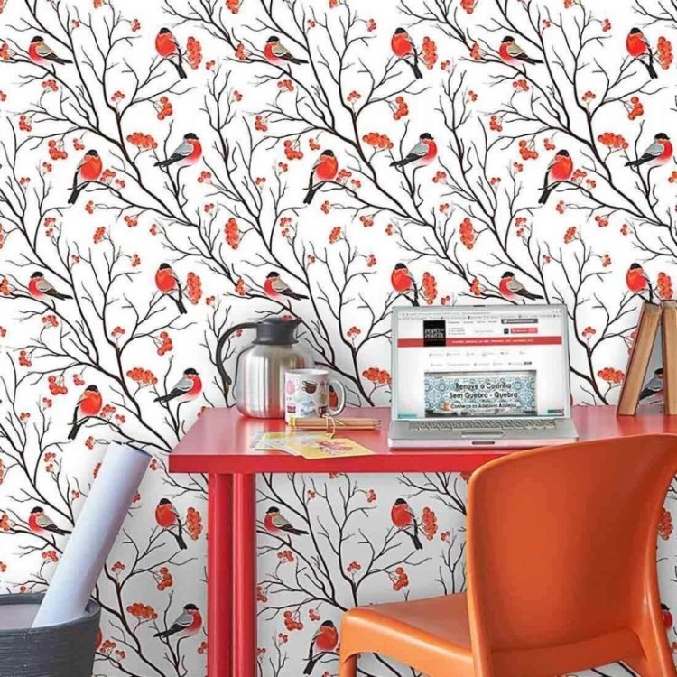 Papel de Parede Adesivo Vermelho Pássaros...